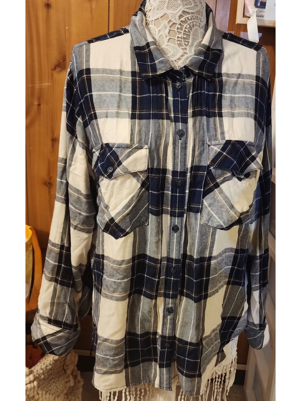 Sanctuary Navy & Cream Plaid Relaxed Boyfriend Flannel Shirt